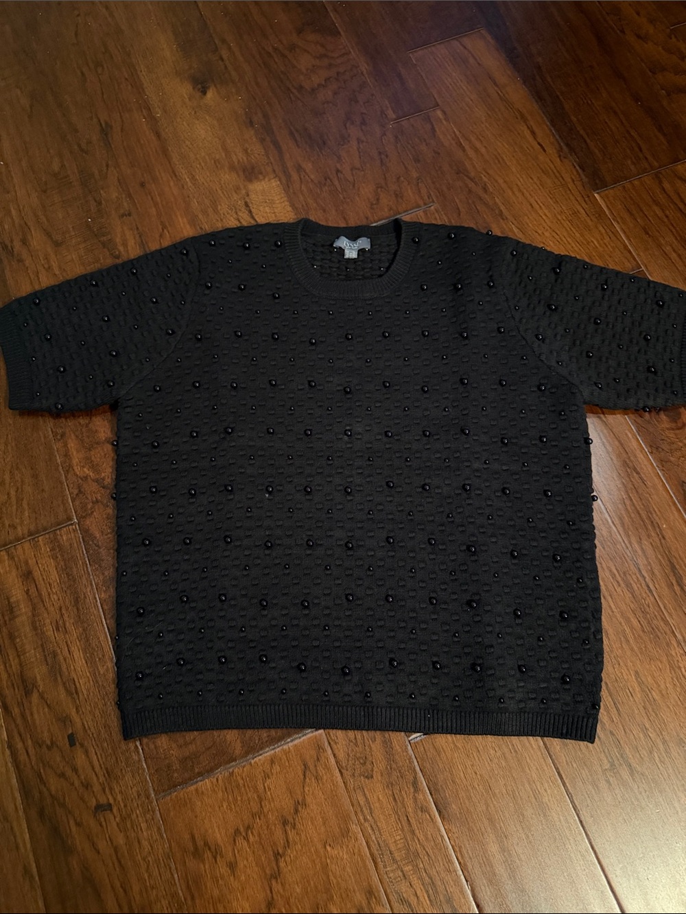 Black Beaded Short-Sleeve Crewneck Sweater
